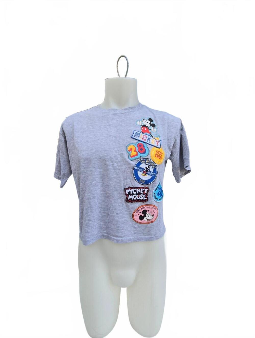 Disney Mickey Mouse Grey Patch Graphic Cropped T-Shirt Y2K Disneycore Baby Tee M